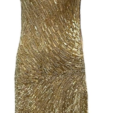 Monique Lhuillier 2000s Gold Sequin Beaded Cocktail Dress