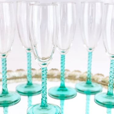 6 Vintage champagne flute glasses with twisted aqua stem. Luminarc Angelique wedding toasting glasses, Postmodern stemware 