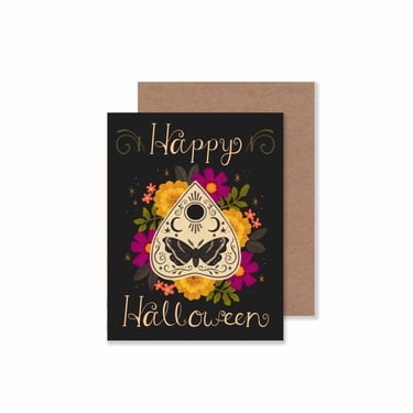 Floral Planchette With Moth Halloween Notecard/ Ouija Board Stationery/ Occult Themed Greeting Card 