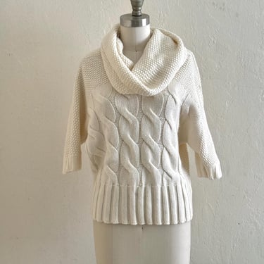 vintage cream cable knit turtle neck sweater // winter white funnel neck sweater 