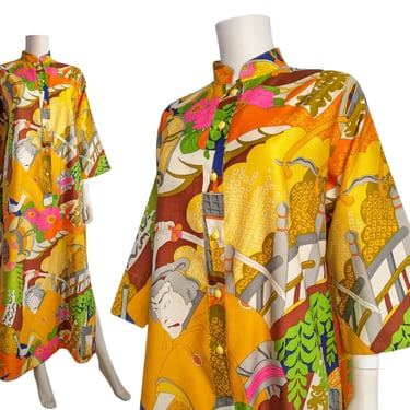 Vintage Japanese Print Tunic, Large / 1960s Samurai Print Lounge Robe / Colorful 60s Asian Inspired House Dress 