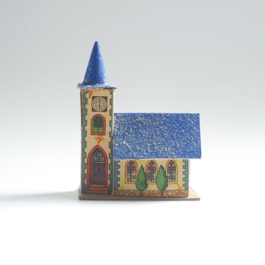 1940s Paper Church, Putz Village Decoration, Holiday Miniatures, Collectible Christmas, PLEASE READ LISTING 