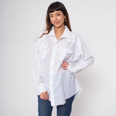 80s Rustler Western Shirt X-Long Tails White Striped Pearl Snap Vintage Rodeo Long Sleeve Button Up Semi-Sheer Cowboy 1980s Men's 18 34/35 