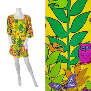 Design House 1960's Yellow Cotton Owl Print Smock Top I Sz Med I Open Back I Lee Griffin 