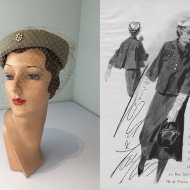 Suited Perfectly - Vintage 1940s 1950s Light Taupe Stone Wool Felt VeiledCaplet Hat 