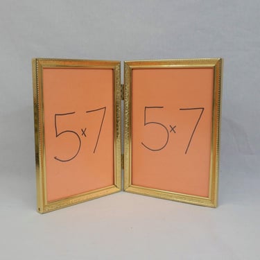 Vintage Hinged Double Picture Frame - Tabletop Gold Tone Metal w/ non-glare Glass - Holds Two 5" x 7" Photos - 5x7 frame 