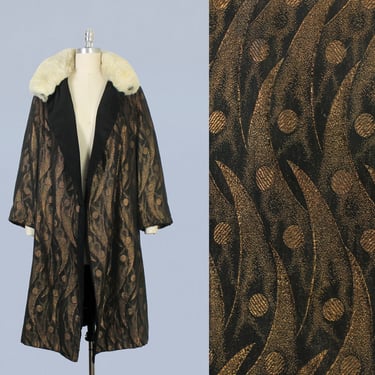 1920s Coat / 20s Gold Lamé and Fur Flapper Coat / Art Deco Flame and Orb Motifs 