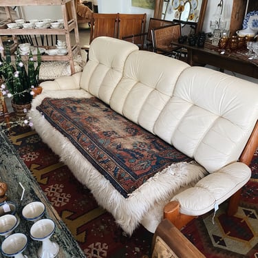 Cream Leather Ekornes Sofa with Teak Frame 