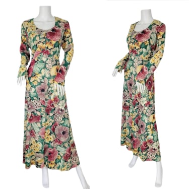 Volup 1970's Autumnal Floral Print Long Nylon Maxi Dress I Sz Lrg 