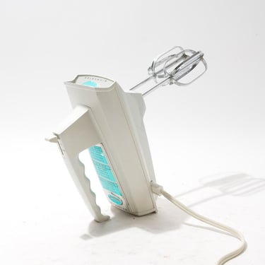 Hand Held Electric Mixer, Sunbeam Mixmaster, White and Turquoise, Three Speed, c.1970s 