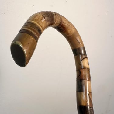 19th Century Stacked Horn Walking Cane - Antique Western Stick with Hook Handle and Heavy Patina - 1800s 