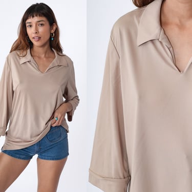 Tan Blouse Y2K Simple Shirt Collared V Neck Top Cuffed 3/4 Sleeve V-Neck Basic Plain Neutral Earth Tone Boho Minimalist Vintage 00s Large L 