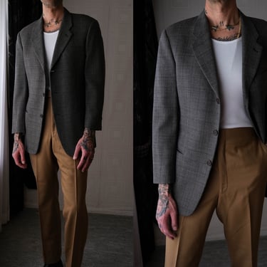 Vintage 90s Giorgio Armani for Neiman Marcus Black & Gray Tartan Plaid Drop Shoulder Blazer | Made in Italy | 1990s Armani Designer Jacket 