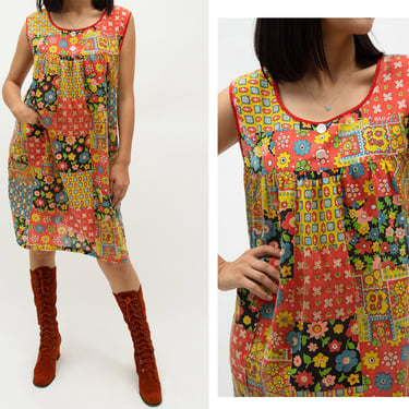 Vintage 1970s 70s Psychedelic Patchwork Lightweight Cotton Trapeze Cut Mini Dress // Plus Size 