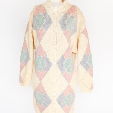 1980s Sweater Wool Knit Long Argyle Cardigan M 