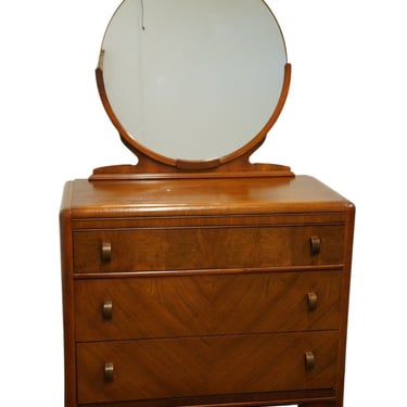VINTAGE ANTIQUE Art Deco Waterfall 42" Chest of Drawers w. Round Mirror 2607 