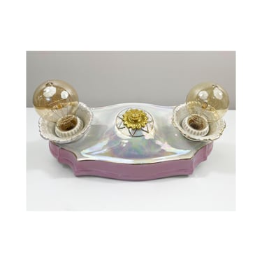 Refurbished German Dual Bulb Flush Mount Light Fixture -Iridescent White with Lavender Trim - Ready to Hang - 1930's - Depression Era 