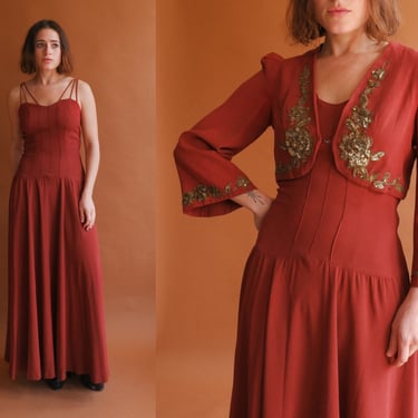 Vintage 40s Rust Gown with Bell Sleeve Bolero/ 1940s Long Crepe Rayon Dress/ Beaded Jacket/ Size Small Medium 