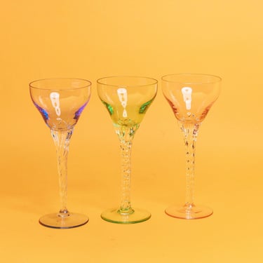 Set of 3 50s Colorful Clear Wine Glasses Vintage Twisted Stem Cocktail Glasses Barware 