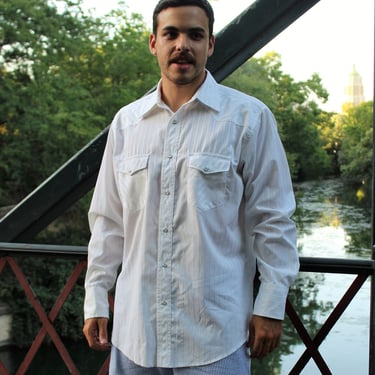 Vintage 1990s Wrangler Western Shirt, Large Men, Pearl Snap, White Striped Cotton Blend, Long Sleeve 