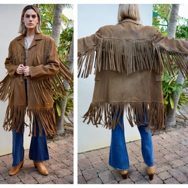 Fringe Suede Jacket / Vintage 1970's Leather Jacket / Pocketed Unisex Haute Hippie Outerwear / Woodstock 1969 / Seventies Coat 