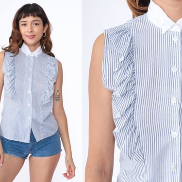 Ruffle Front Blouse 80s Striped Button Up Shirt Retro Sleeveless Blue White Collared Preppy Fitted Tank Top Vintage 1980s Cotton Blend Small 
