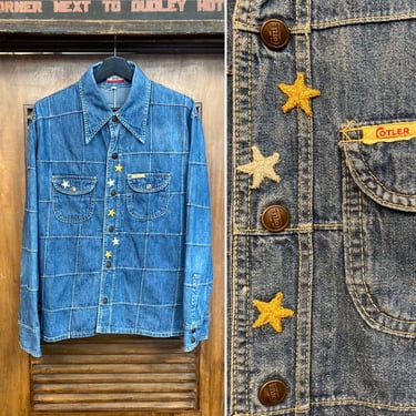 Vintage 1970’s Size L Denim Patchwork Disco Star Glam Snap Button Hippie Mod Shirt, 70’s Vintage Clothing 
