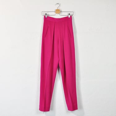 Merino Wool Trousers, Vintage 90s High Waisted Tapered Pants, Vibrant Pink Magenta High Rise Pants, Simple Minimal Classic Dress Pants Small 