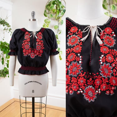 Vintage 1970s Peasant Top | 70s Floral Embroidered Black Cotton Red Flowers Puff Sleeve Hungarian Boho Cropped Blouse (small/medium) 