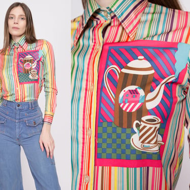 70s Rainbow Striped Novelty Print Button Up Top - Extra Small | Vintage Coffee Pot Long Sleeve Dagger Collar Shirt 