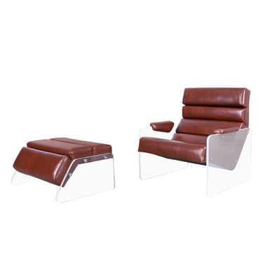 Vintage Lucite and Leather Lounge Chair and Ottoman