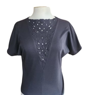 Vintage 80s Black Top Cut Lace Short Sleeve by Nasharr / M 