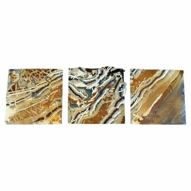 Mid Century Modern Triptych C. Dunn Signed Ceramic Tile Sculptures Topography 