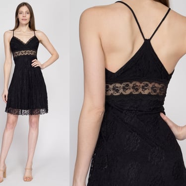 XS 90s Y2K Black Lace Sheer Waist Mini Dress | Vintage Spaghetti Strap A Line Little Black Party Dress 