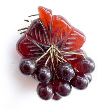 Vintage 1940's Dark Red Root Beer Bakelite Dangle Brooch, Cherry Cluster & Large Leaf Pin, 3" Brooch, Gift for Her, Collectible Jewelry 