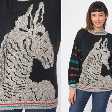 Zebra Sweater 90s Pullover Knit Fringe Mane Sweater Jungle Animal Print Graphic Geometric Striped Glam Boho Hippie Vintage 1990s Medium M 