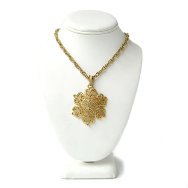 Vintage Statement Pendant or Necklace, Gold Tone Flower Shaped Pendant with Chunky Chain, Snowflake Design, Long Necklace, Gift for Her 