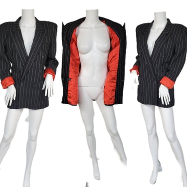 1980's Black White Pinstripe Double Breasted Gangster Suit Coat I Blazer I Jacket I Sz Lrg I Liz Claiborne 