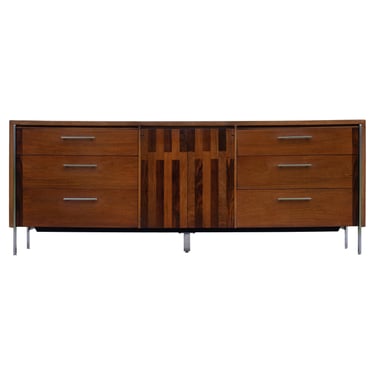 Lane Altavista Walnut & Rosewood 9 Drawer Long Dresser or Cabinet w/ Chrome Legs