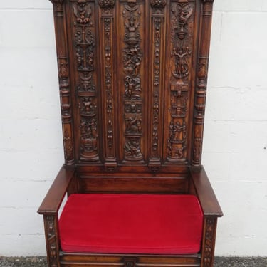 Late 1800s Gothic Heavy Hand Carved Throne Chair Hall Seat Bench 5317