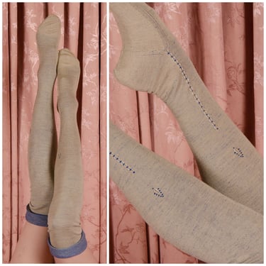 1910s Stockings - Rare Vintage 1910s Heavy Silk Fully Fashioned Stockings with Accent Arrows in Taupe and Blue 
