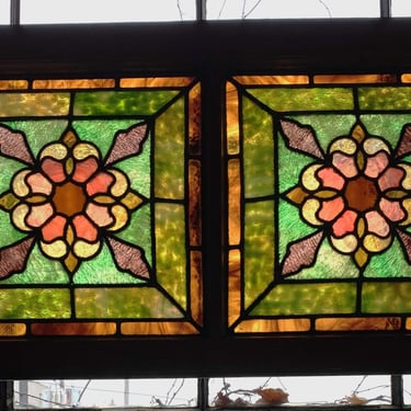 Double Stained Glass Window w Pink Flowers