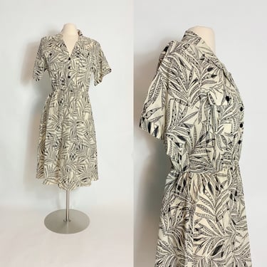 Vintage Safari Jungle Leaf Print Midi Dress 