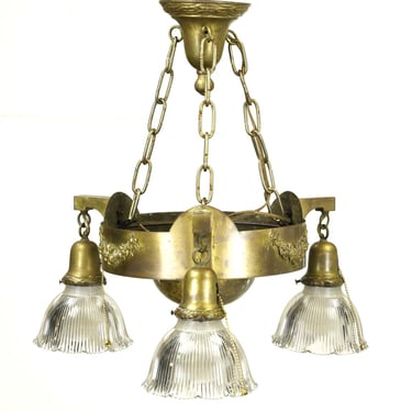 Victorian Ruffled Holophane Glass Shades Brass Chandelier