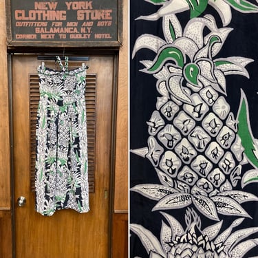 Vintage 1940’s Shaheens Black Background Pineapple Border Silky Rayon Tiki Floral Hawaiian Halter Dress, Tiki, Hawaiian Dress, 1940s Dress 