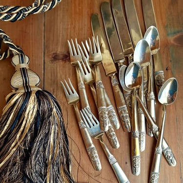 vintage bronze gold Thai Buddha flatware - iced teaspoons knives forks boho exotic table scape 
