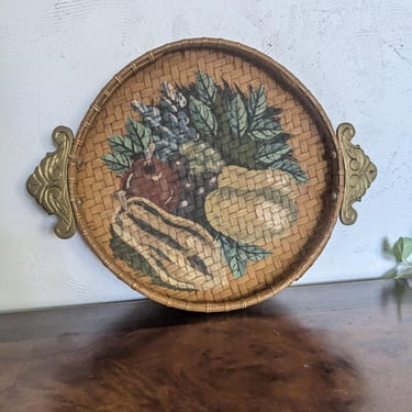 Mid Century Vintage Woven Hand Painted Tray with Ornate Brass Handles 