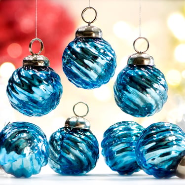 VINTAGE: 5pc Small Thick Mercury Light Blue Glass Ornaments - Mid Weight Kugel Style Ornaments - Unique Find - SKU 