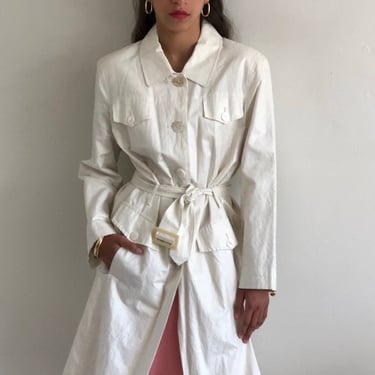 90s belted trench coat / vintage white woven linen cotton knee length belted lightweight trench coat | Medium 