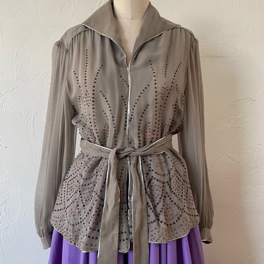 Vintage 1970s Janice Wainwright Grey Viscose Sequin Blouse M